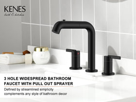 KENES 8-inch widespread installation angle view highlights seamless three-hole setup.