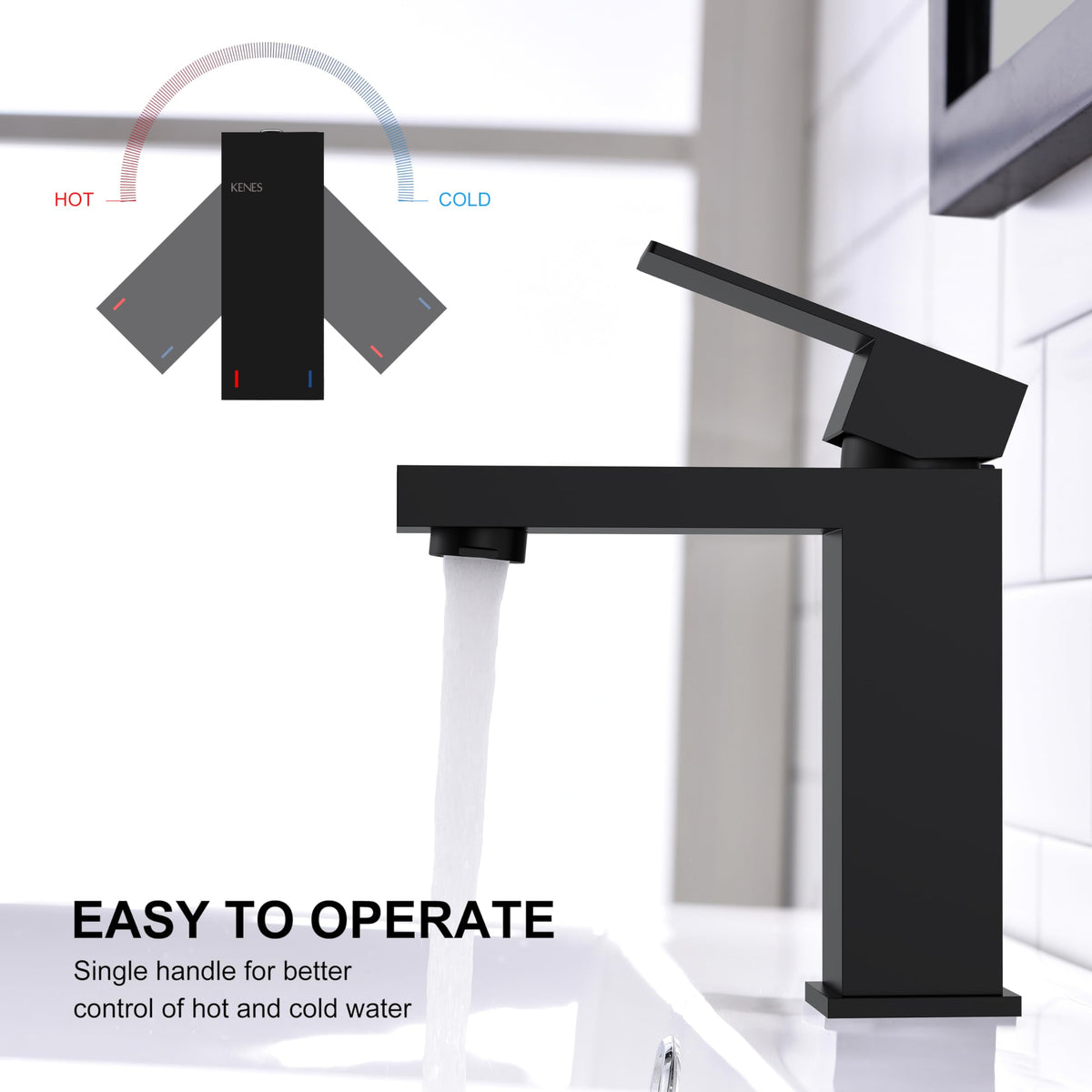 KENES faucet water flow close-up highlights 4.5 L/min performance.