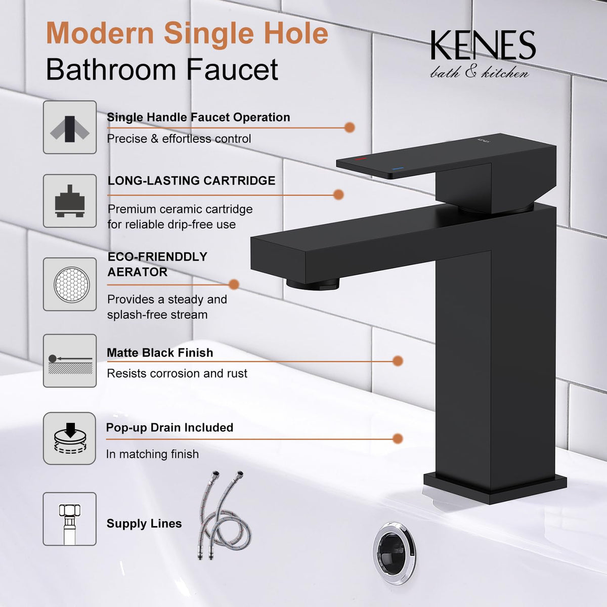 KENES pop-up drain included for a clean vanity setup.