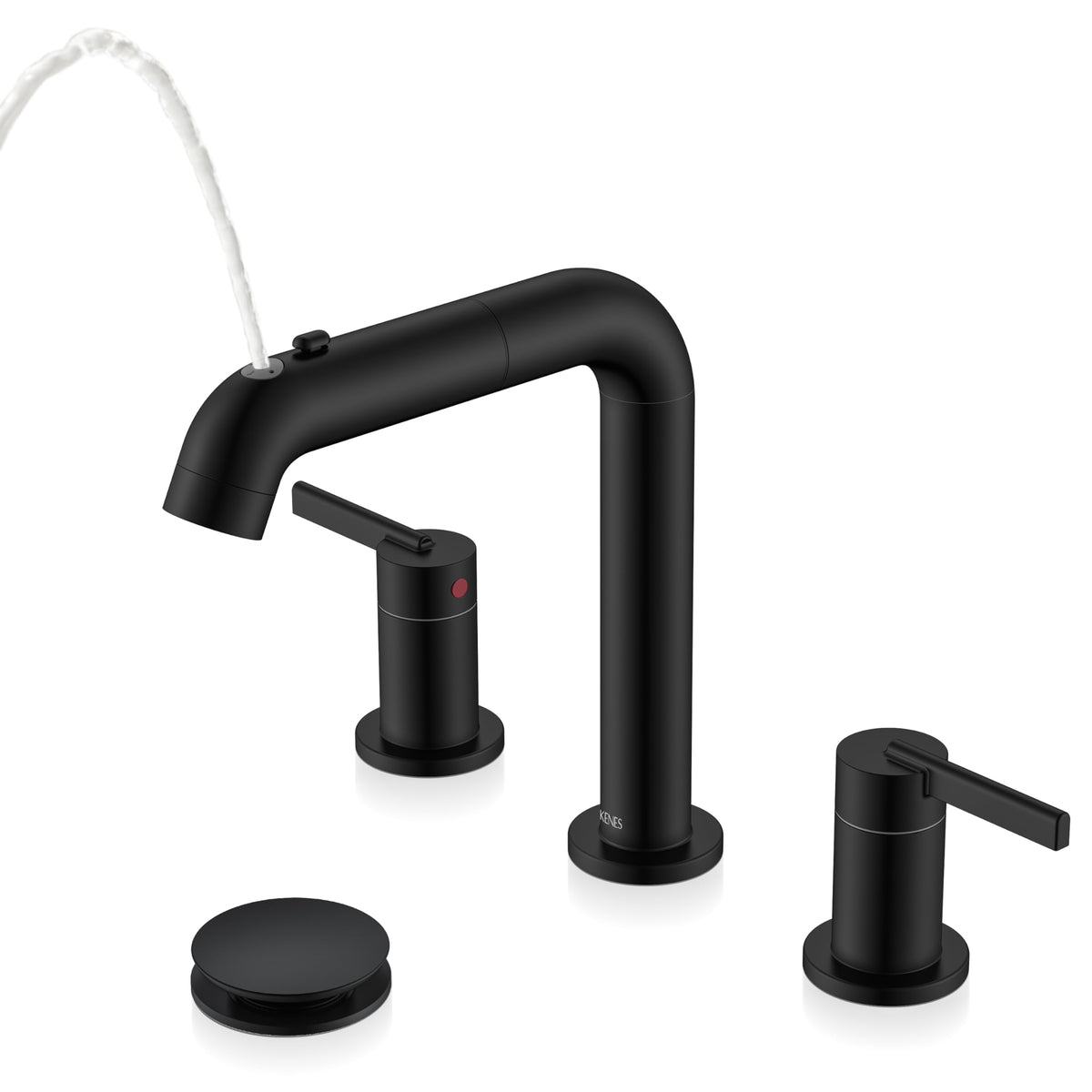 KENES matte black pull-down sprayer front view for easy access and clean lines.