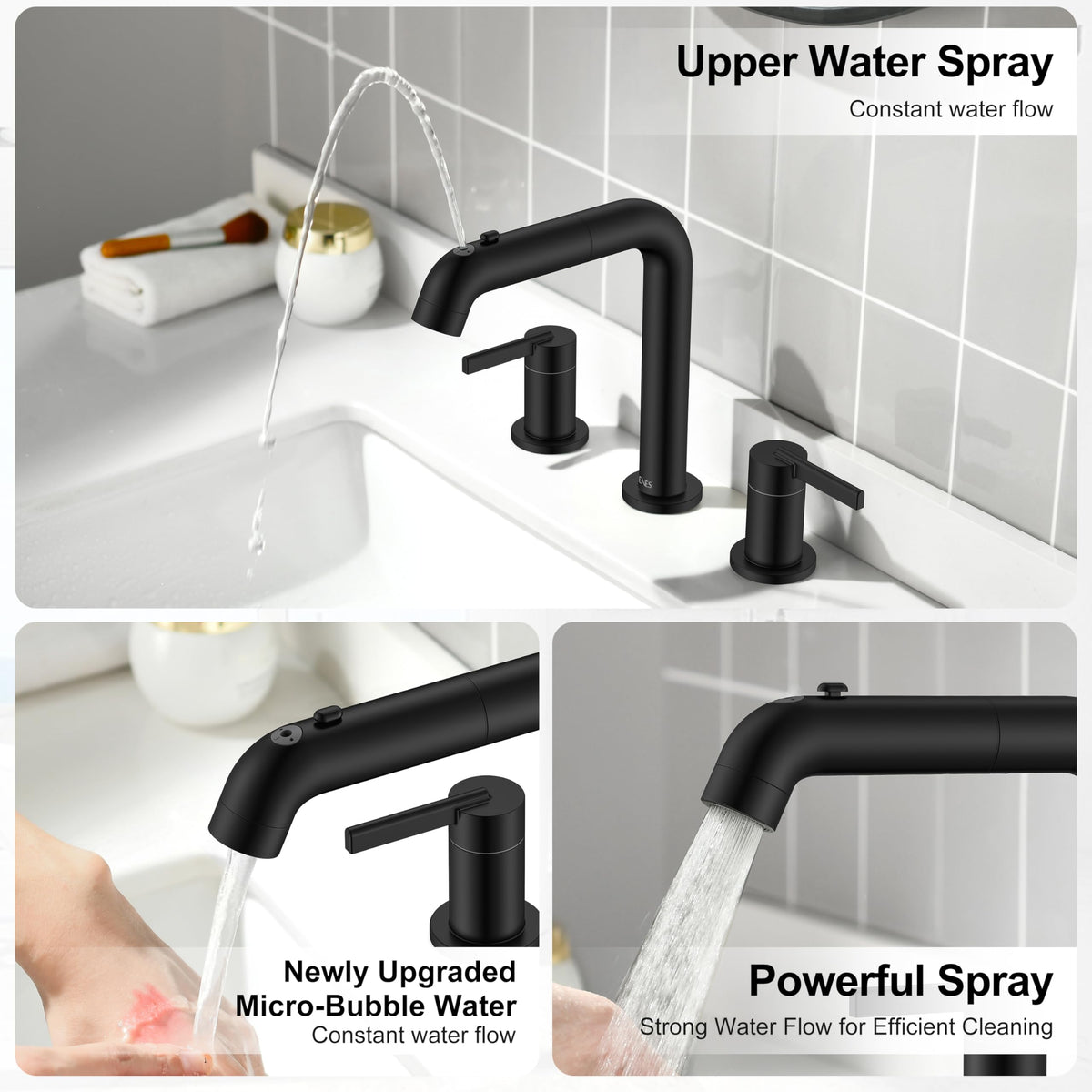 KENES matte black sprayer function soft bubble view emphasizes gentle cleaning.
