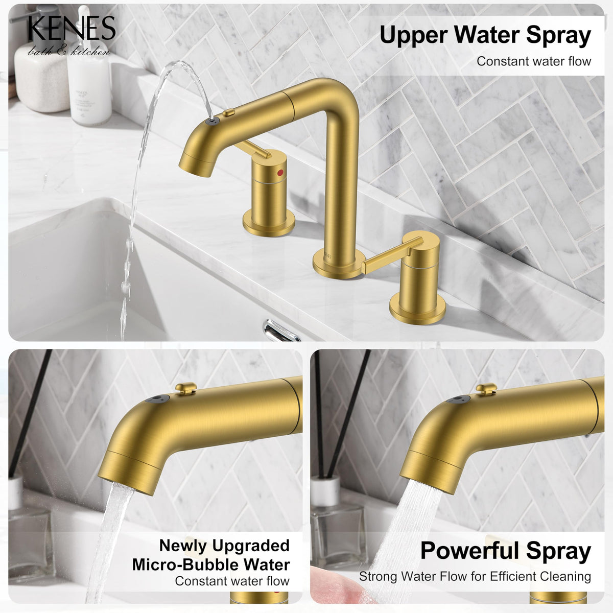 KENES corrosion-resistant brushed gold finish enhances durability in daily bathroom use.