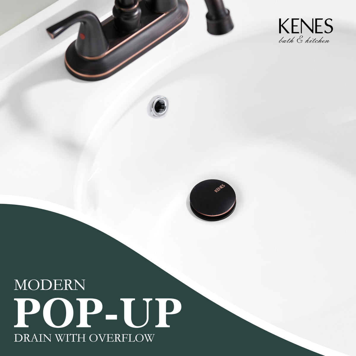 KENES spring-loaded button pop-up drain close-up demonstrates easy one-touch operation.