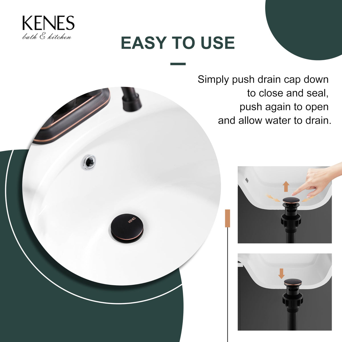 KENES universal 1-3/4 inch drain size shown for compatibility.