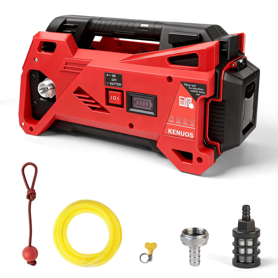 KENUOS brushless water transfer pump shows Milwaukee compatibility for cordless drainage.