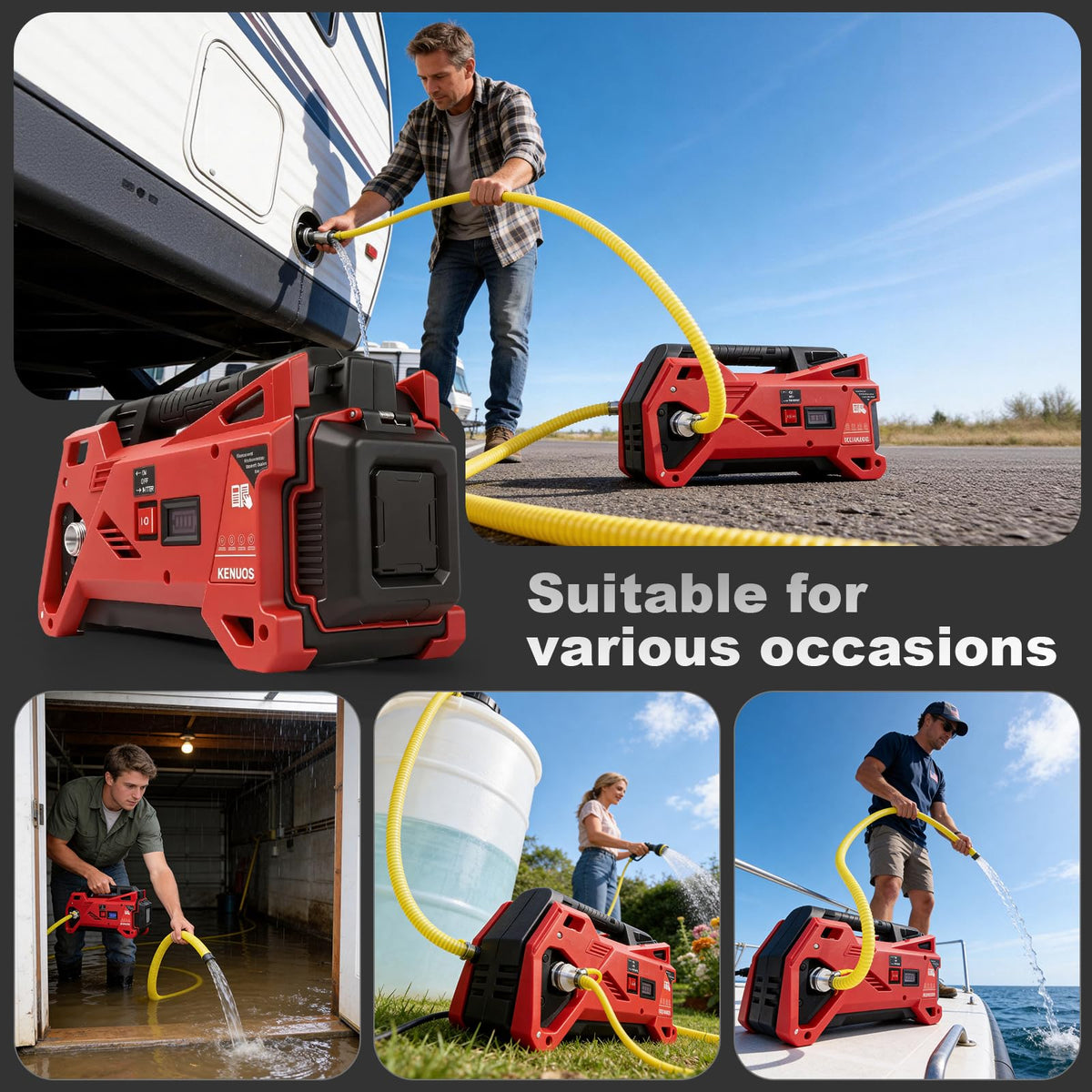 KENUOS pump with waterproof battery compartment for safe operation.