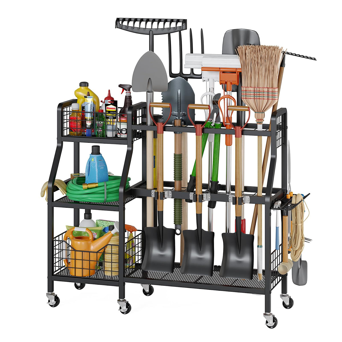 Keomaisyto garden tool organizer front view with six wheels for easy mobility.