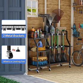 Keomaisyto garden tool organizer side view showing lockable wheels and stability.
