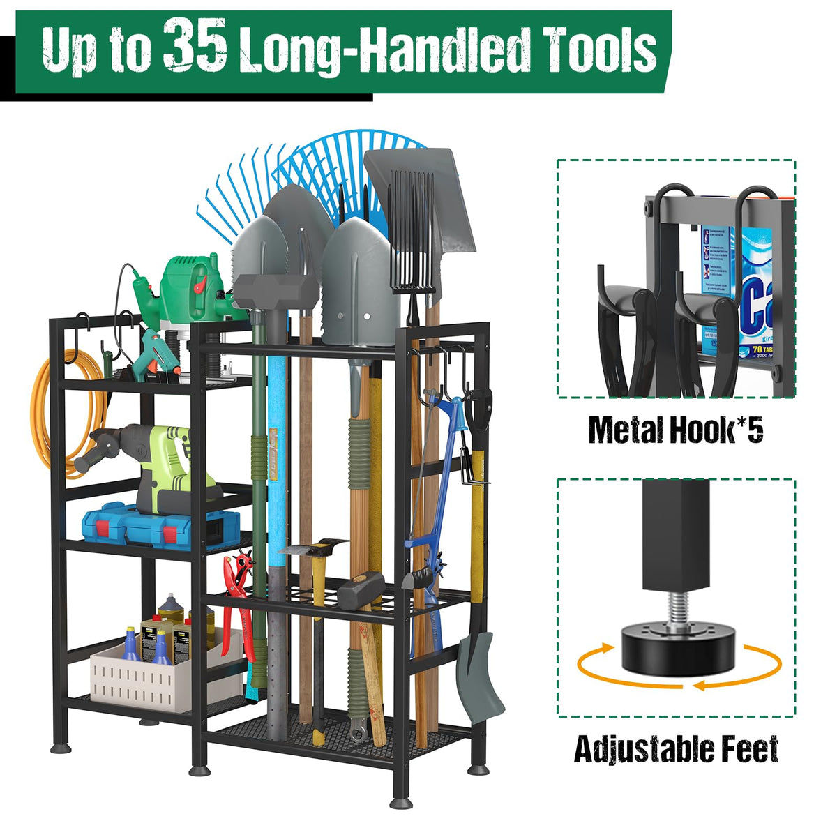 Keomaisyto large removable hooks offer flexible tool hanging options.