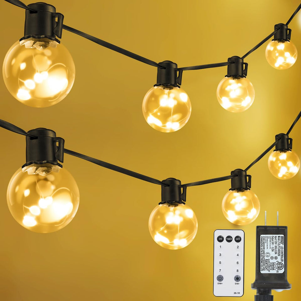 KepStars 25ft string lights with globe LED bulbs create warm patio ambience.
