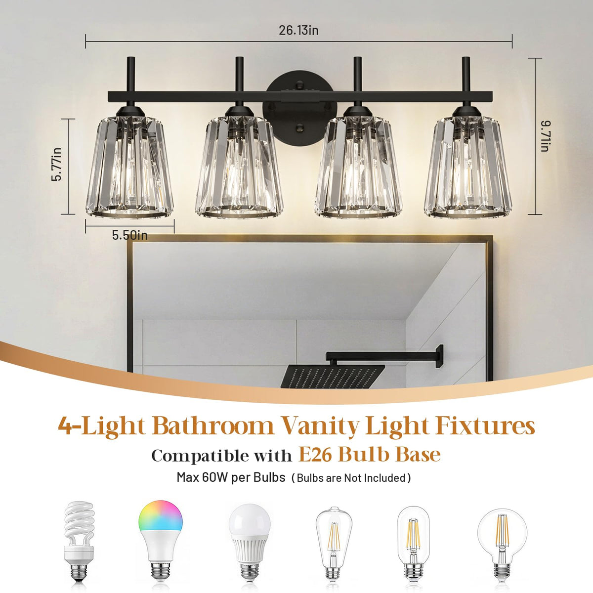 KernLite black 4-light vanity fixture shown for stylish task lighting.