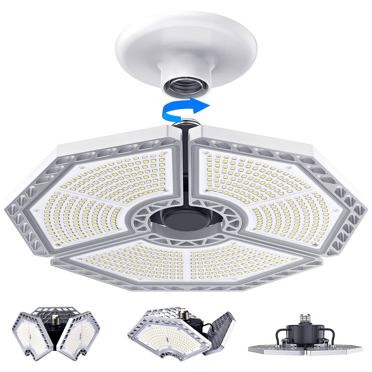 K KERNOWO LED garage light with three adjustable heads for wide-area illumination.