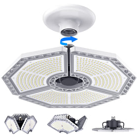 K KERNOWO LED garage light with three adjustable heads for wide-area illumination.