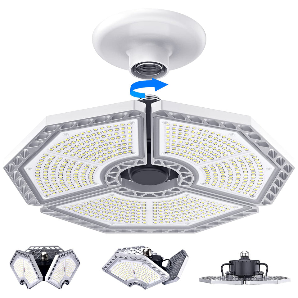 K KERNOWO LED garage light with three adjustable heads for wide-area illumination.