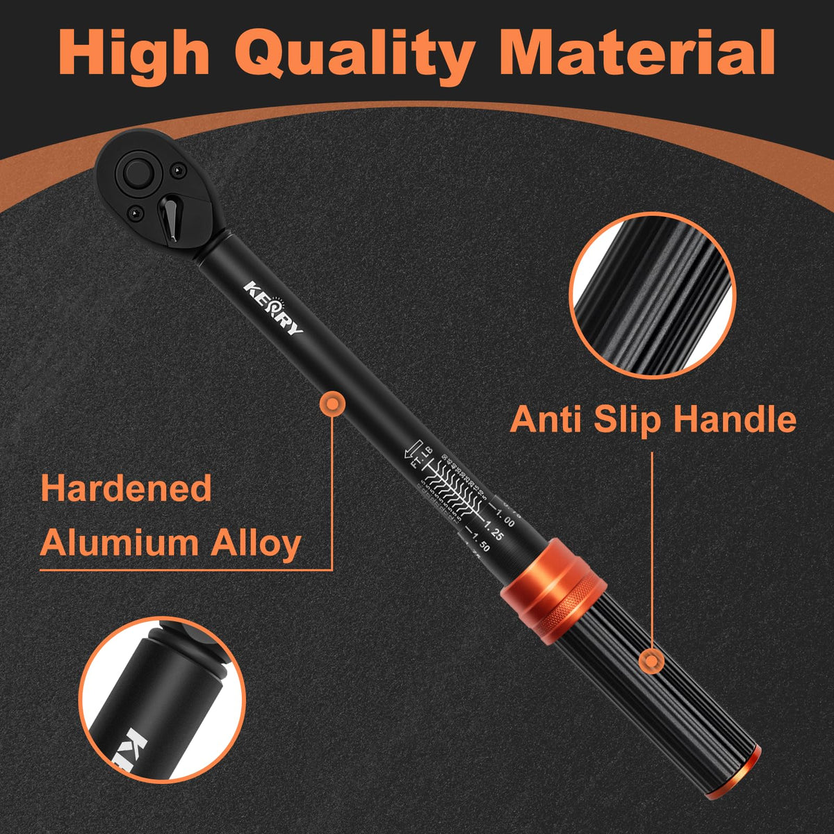 Kerry 3/8-inch drive torque wrench anti-slip handle reduces fatigue.