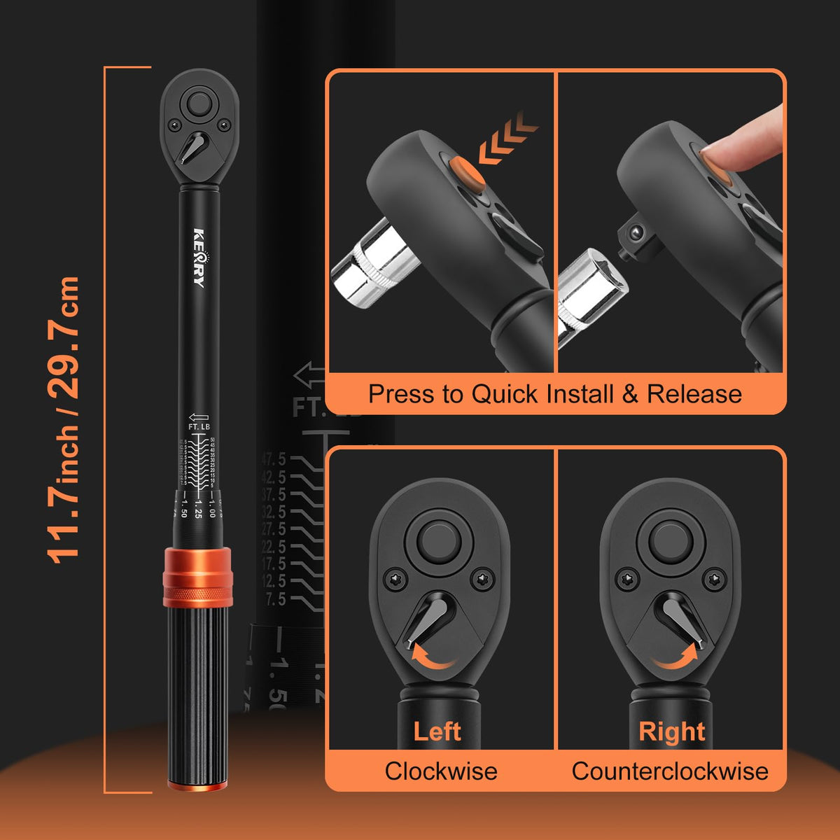 Kerry 3/8-inch drive torque wrench quick-release button for easy socket changes.