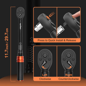 Kerry 3/8-inch drive torque wrench quick-release button for easy socket changes.