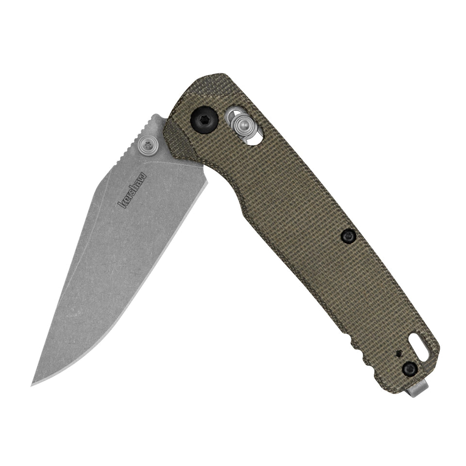 Kershaw Bel Air olive canvas micarta handle for secure, comfortable daily carry.