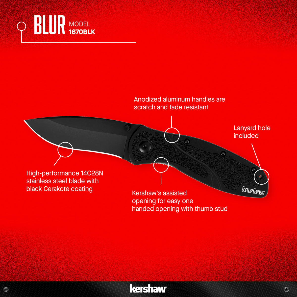 Kershaw Blur with recurve blade opened for precise slicing and piercing tasks.