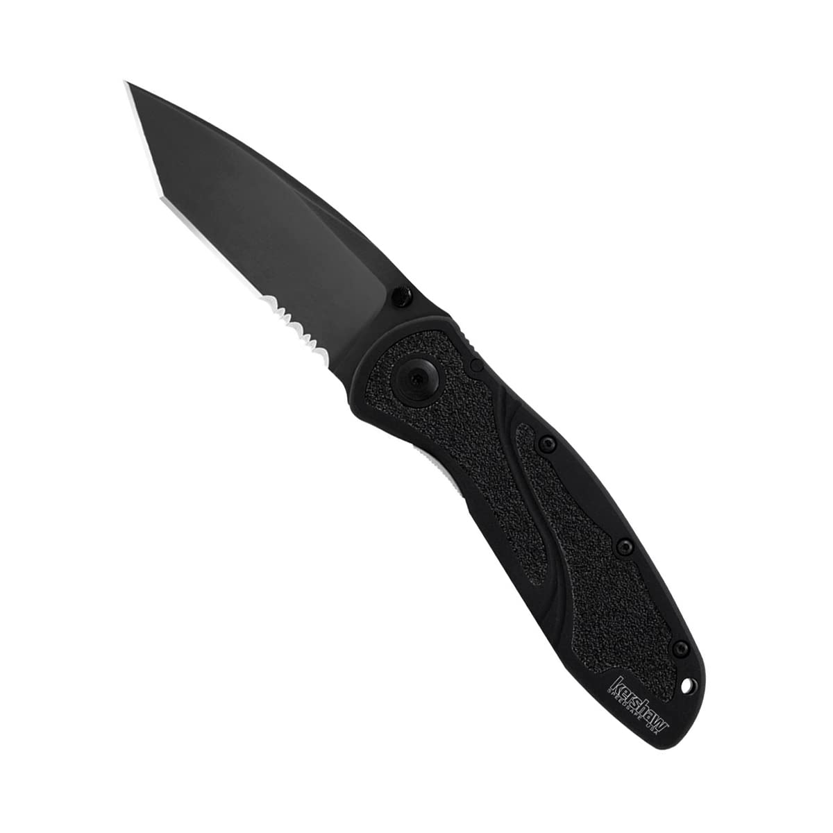 Kershaw Blur Tanto pocketknife blade close-up showcasing piercing power and partial serration