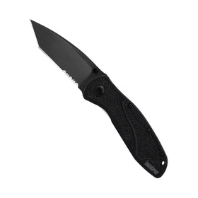 Kershaw Blur Tanto pocketknife blade close-up showcasing piercing power and partial serration