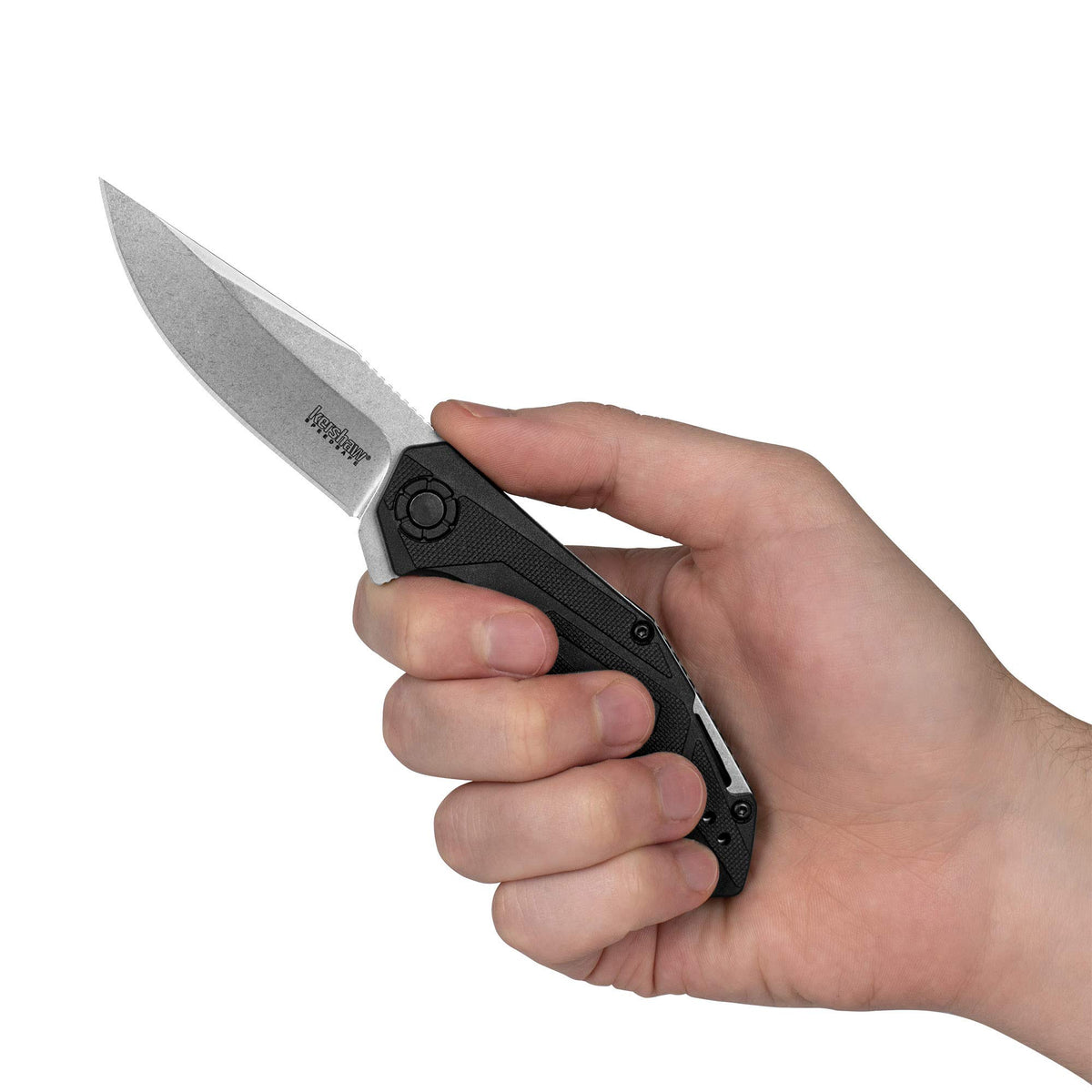 Kershaw Camshaft stonewashed blade finish hides scratches.