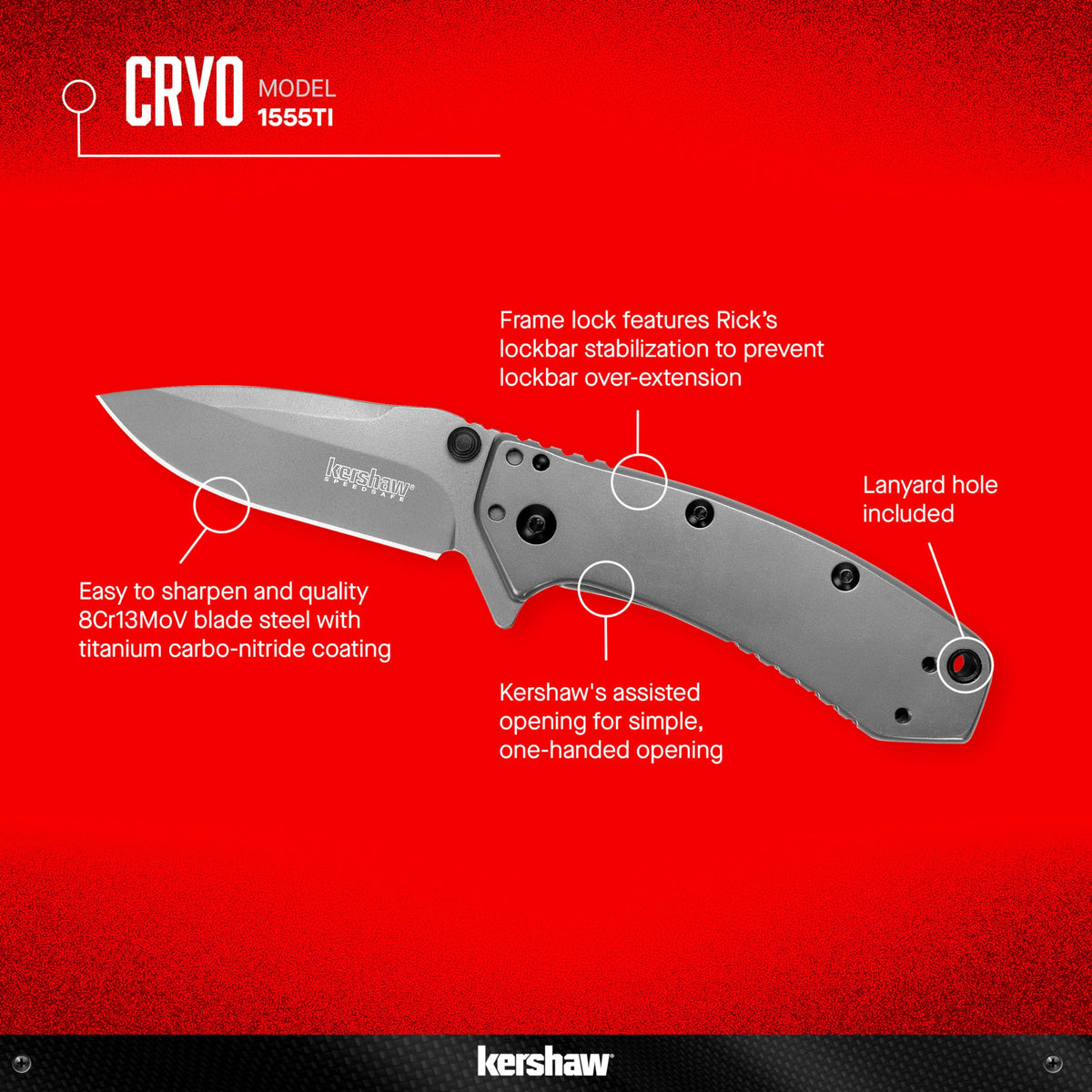Close-up of the 2.75-inch drop-point blade with carbo-nitride coating for durability.