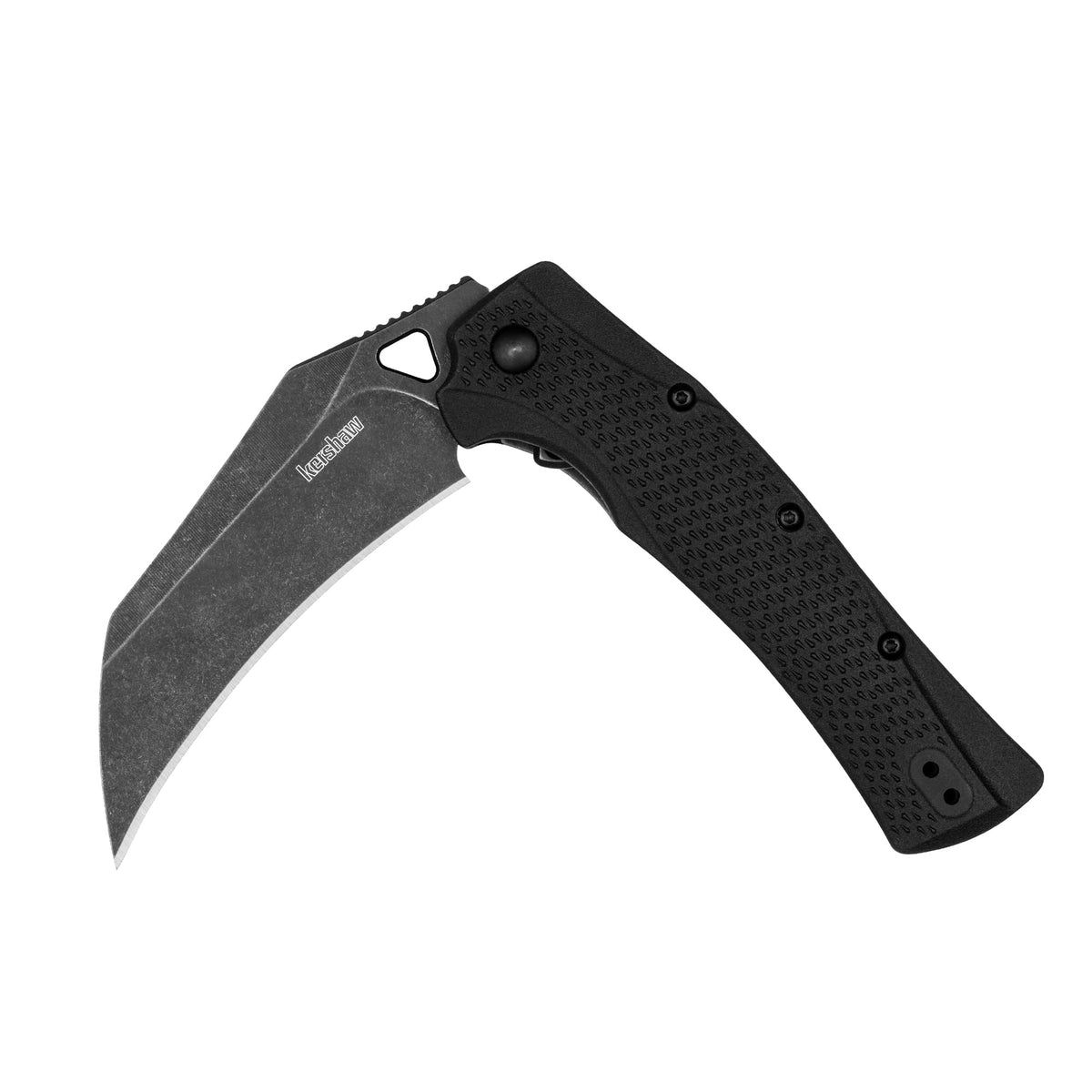 Kershaw Dawnstar hawkbill blade close-up, highlighting edge geometry for slicing tasks.