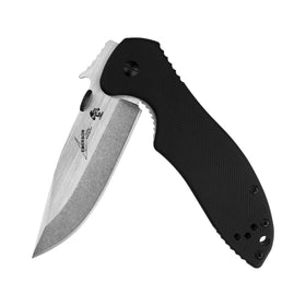 Kershaw Emerson CQC-6K blade close-up showing D2 steel and edge retention.
