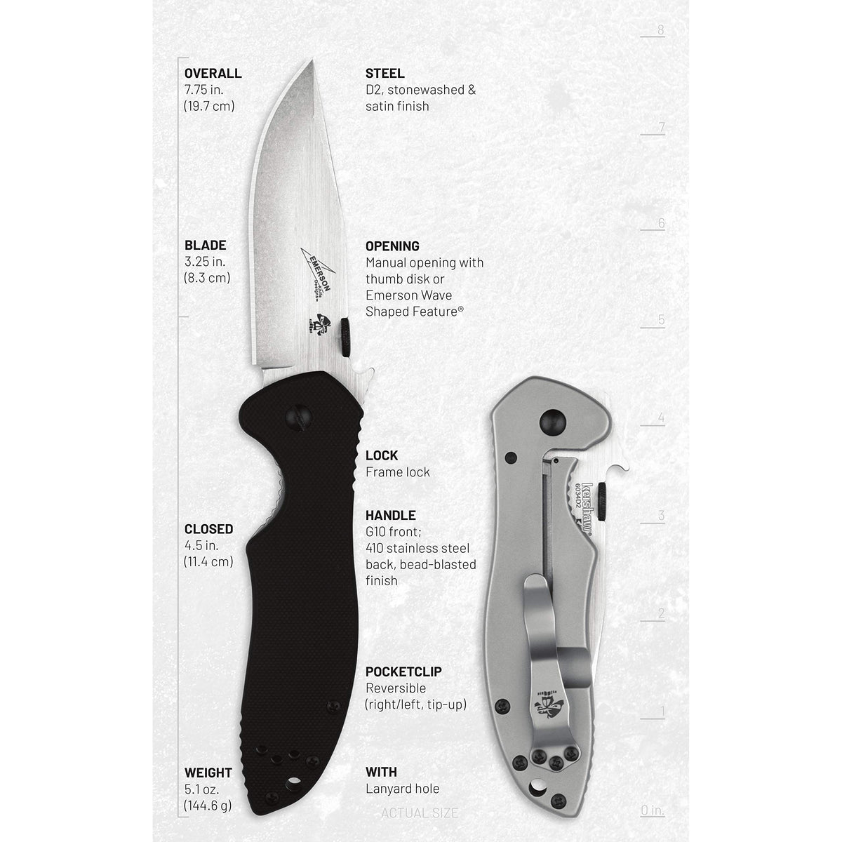 Kershaw Emerson CQC-6K thumb disk opening with Emerson wave for quick access.