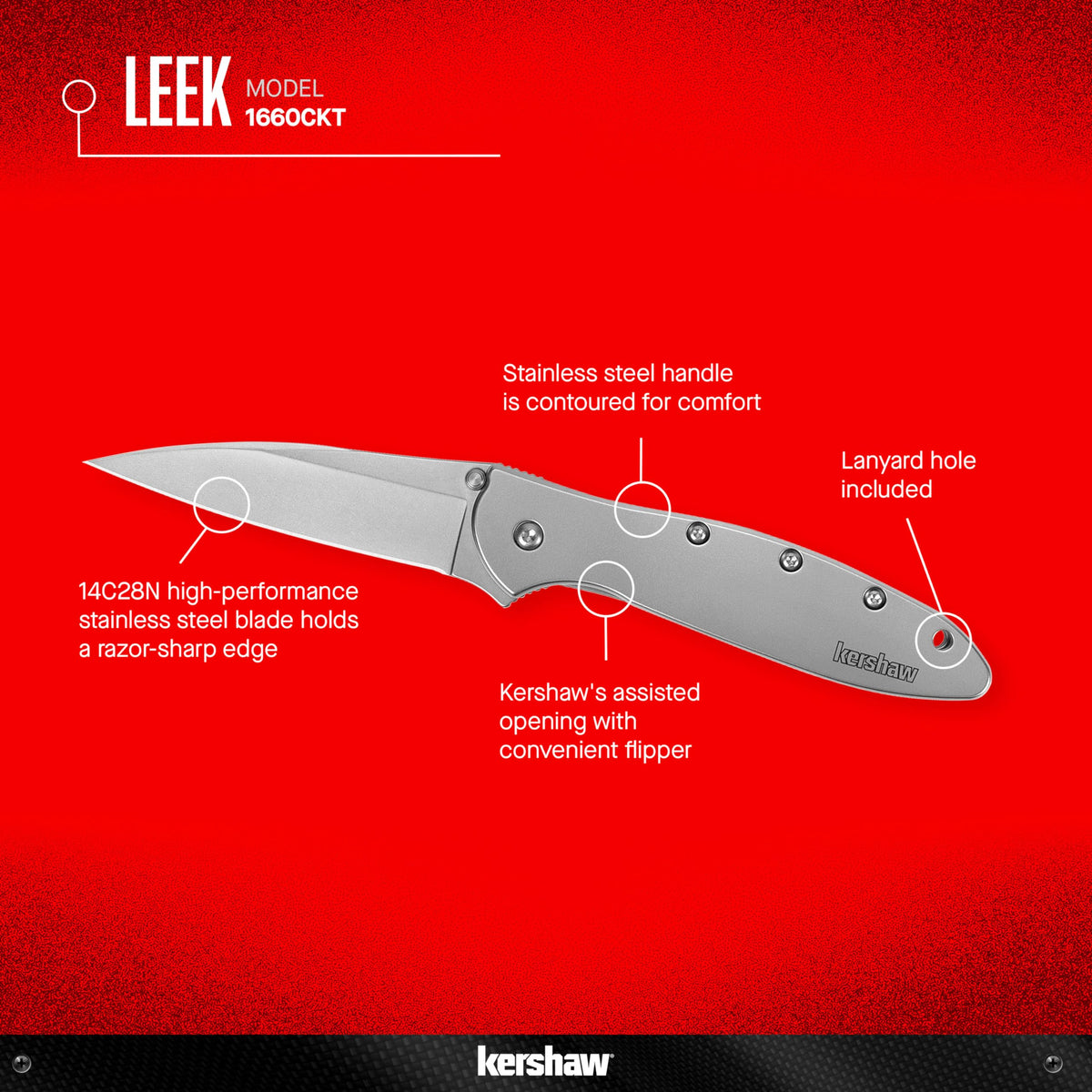 Kershaw Leek handle with bead-blasted steel finish provides secure grip.