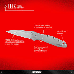 Kershaw Leek handle with bead-blasted steel finish provides secure grip.