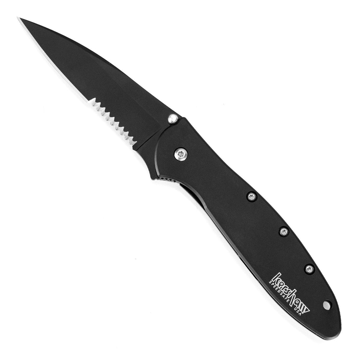 Kershaw Leek black serrated pocketknife in full view, ready for everyday tasks