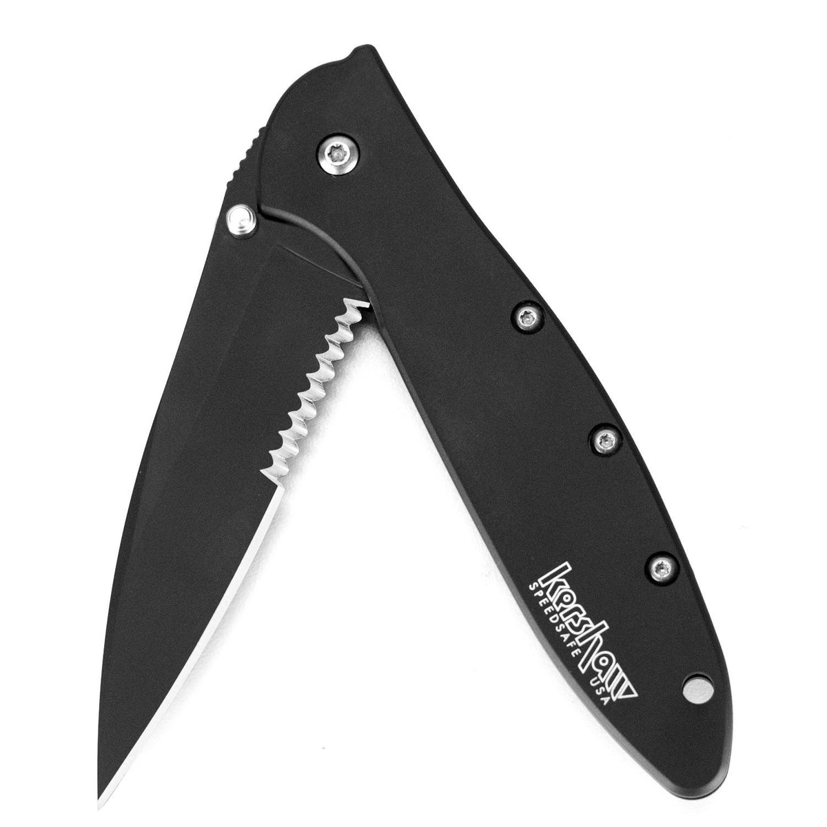 Kershaw Leek blade close-up showing Sandvik 14C28N steel and Cerakote finish