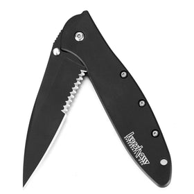 Kershaw Leek blade close-up showing Sandvik 14C28N steel and Cerakote finish