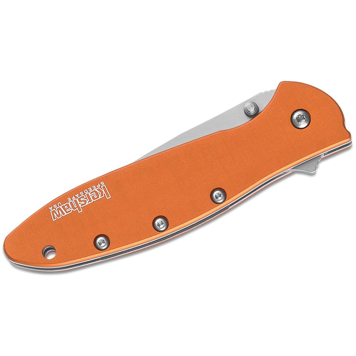 Orange anodized aluminum handle provides a secure, comfortable grip on the Leek
