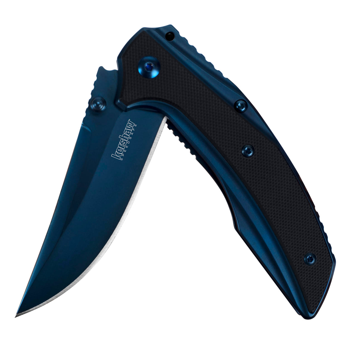 Kershaw Outright blue blade closeup highlighting sharp edge for daily slicing