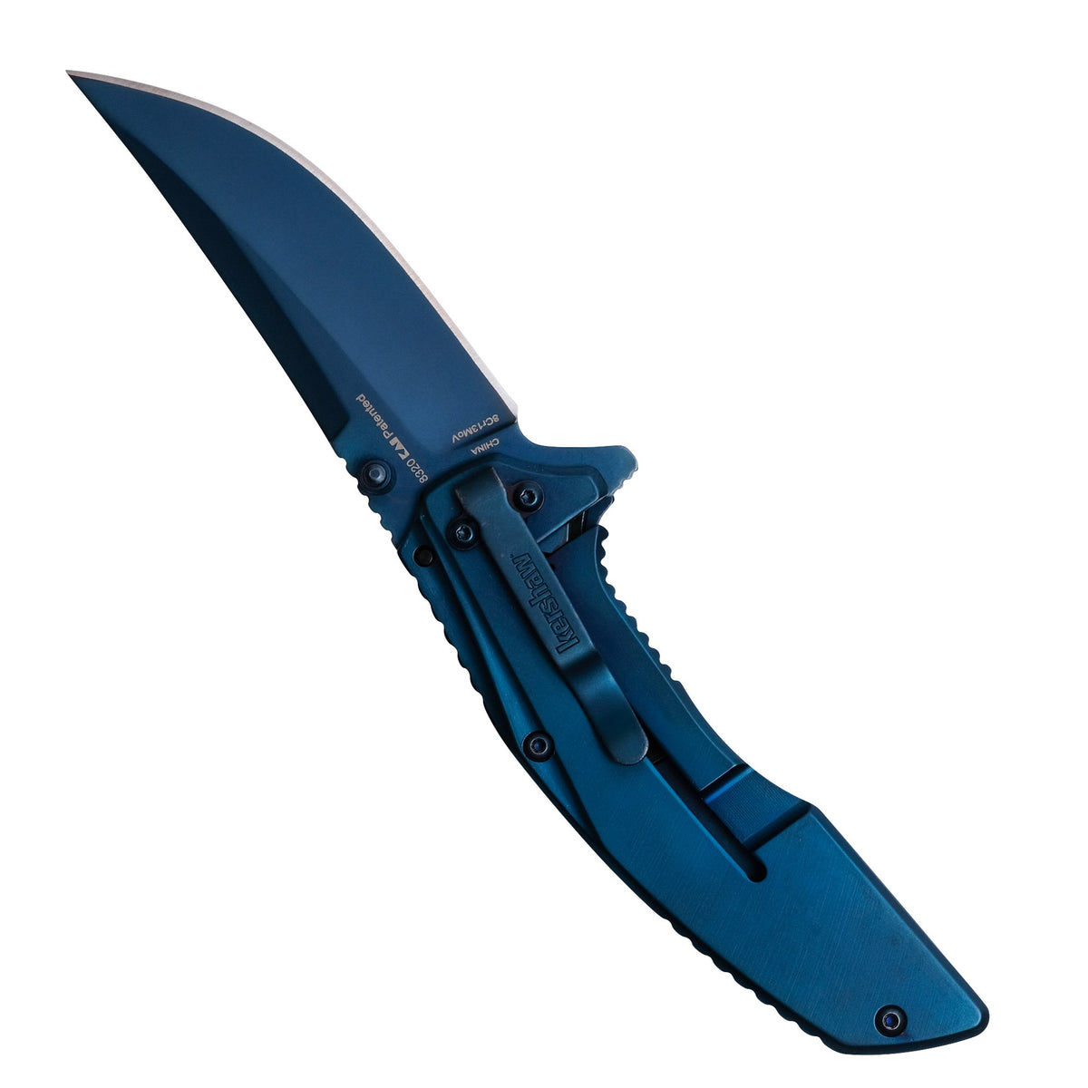 Kershaw Outright blue handle detail showing steel grip with blue PVD coating