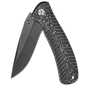 Kershaw Starter blade close-up with BlackWash finish showing rugged, scratch-hiding look