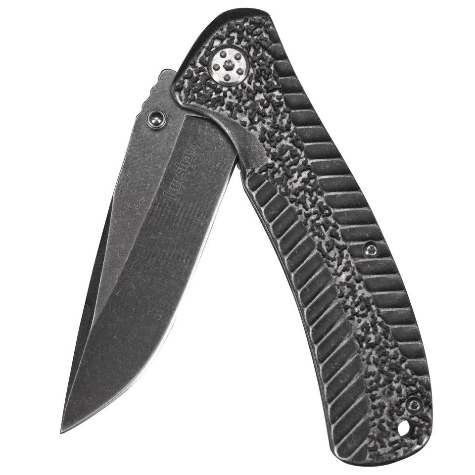 Kershaw Starter blade close-up with BlackWash finish showing rugged, scratch-hiding look