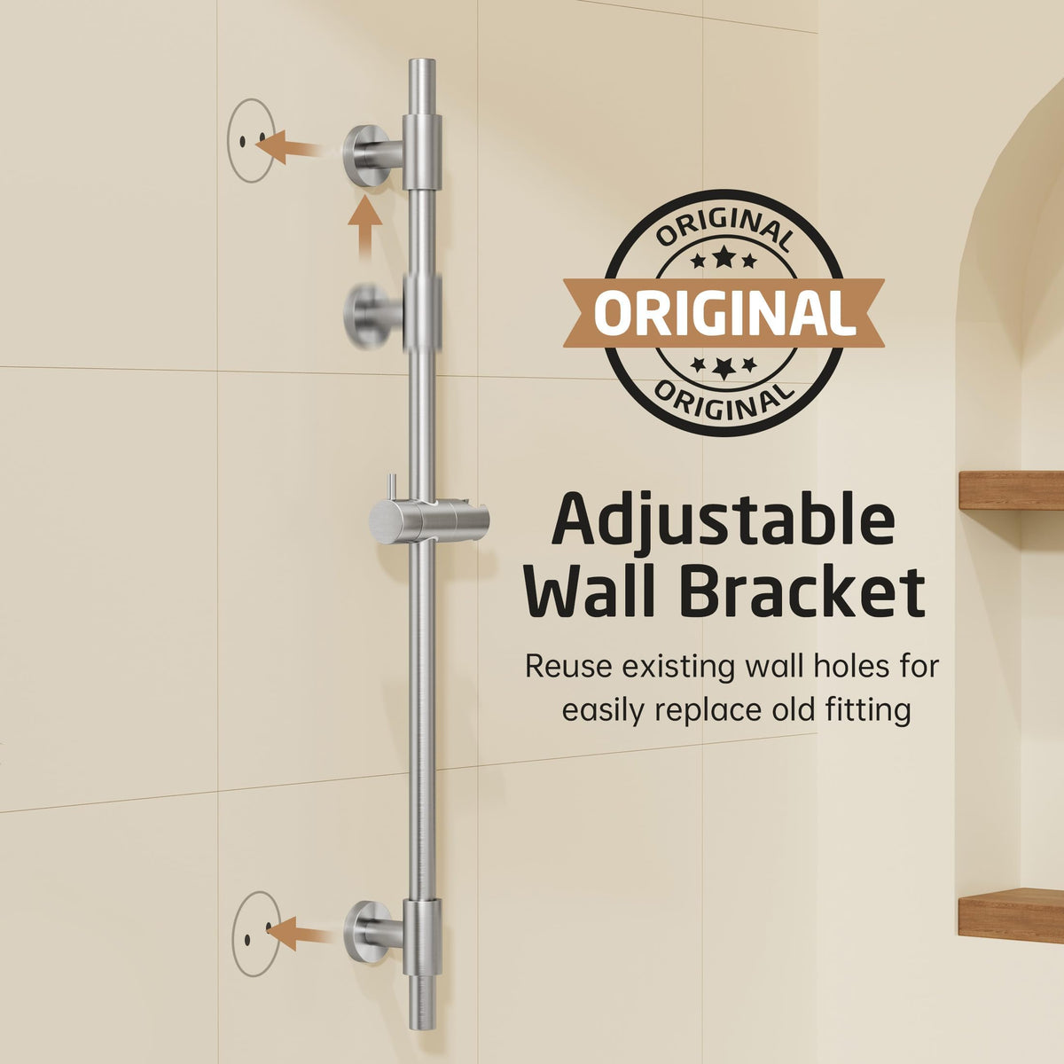 KES adjustable handheld shower holder on bar for easy height changes.