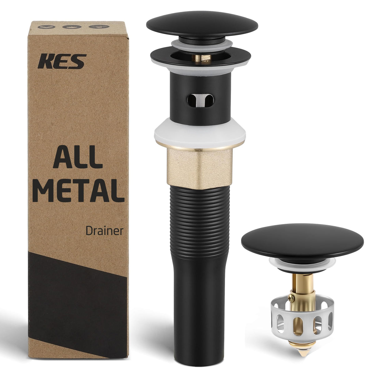 KES all metal drain with strainer basket; matte black finish for anti-clog protection.