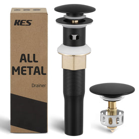 KES all metal drain with strainer basket; matte black finish for anti-clog protection.