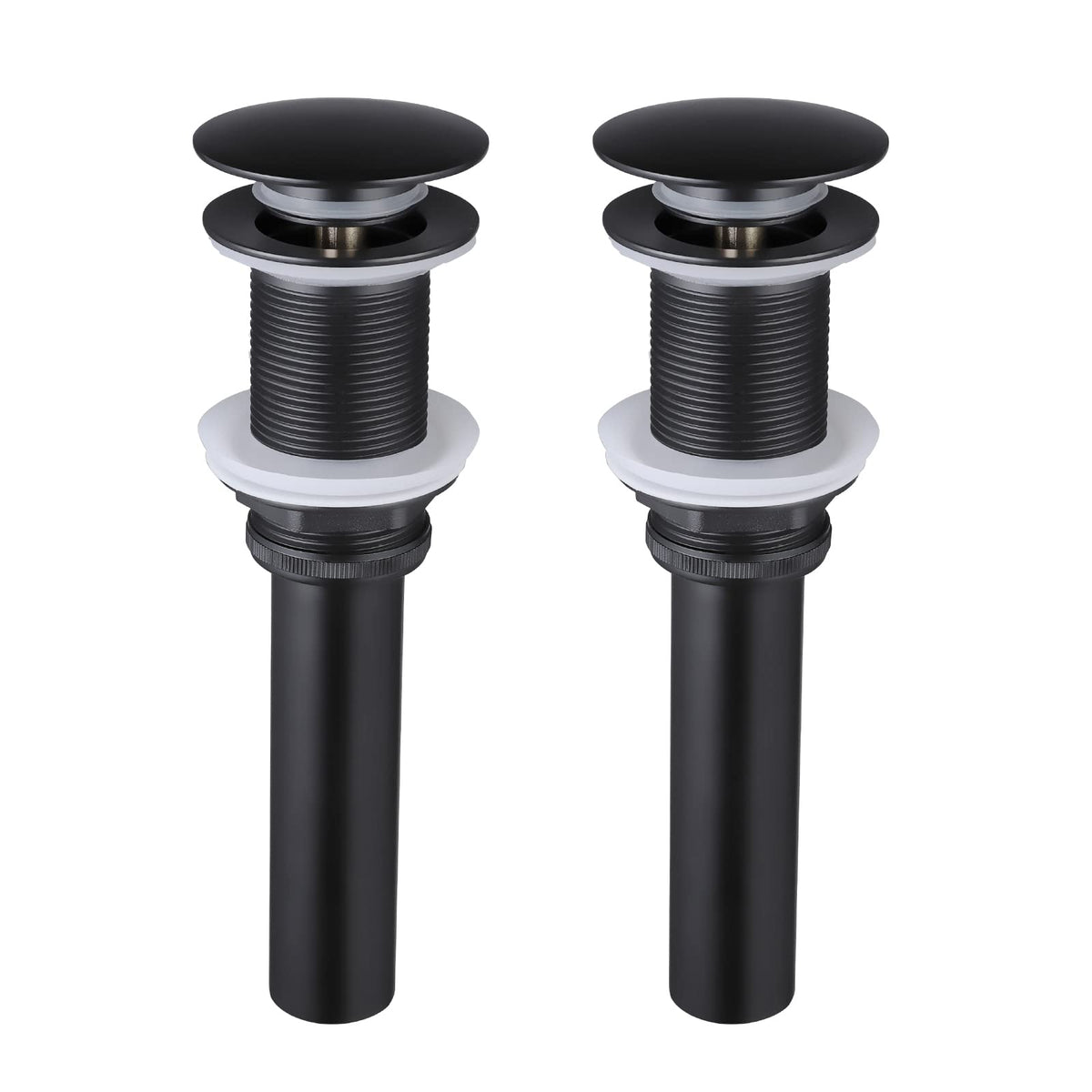 KES black pop-up sink drain close-up showing rustproof brass and stainless steel durability
