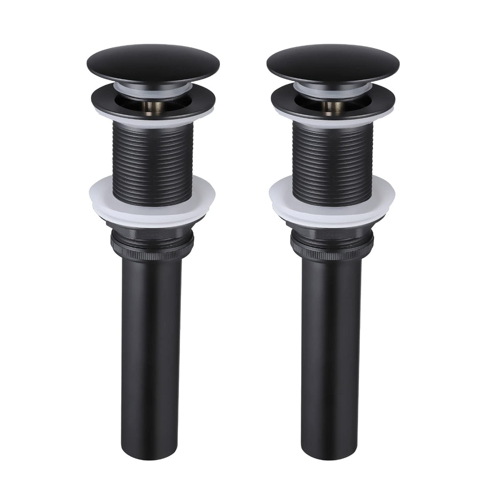 KES black pop-up sink drain close-up showing rustproof brass and stainless steel durability