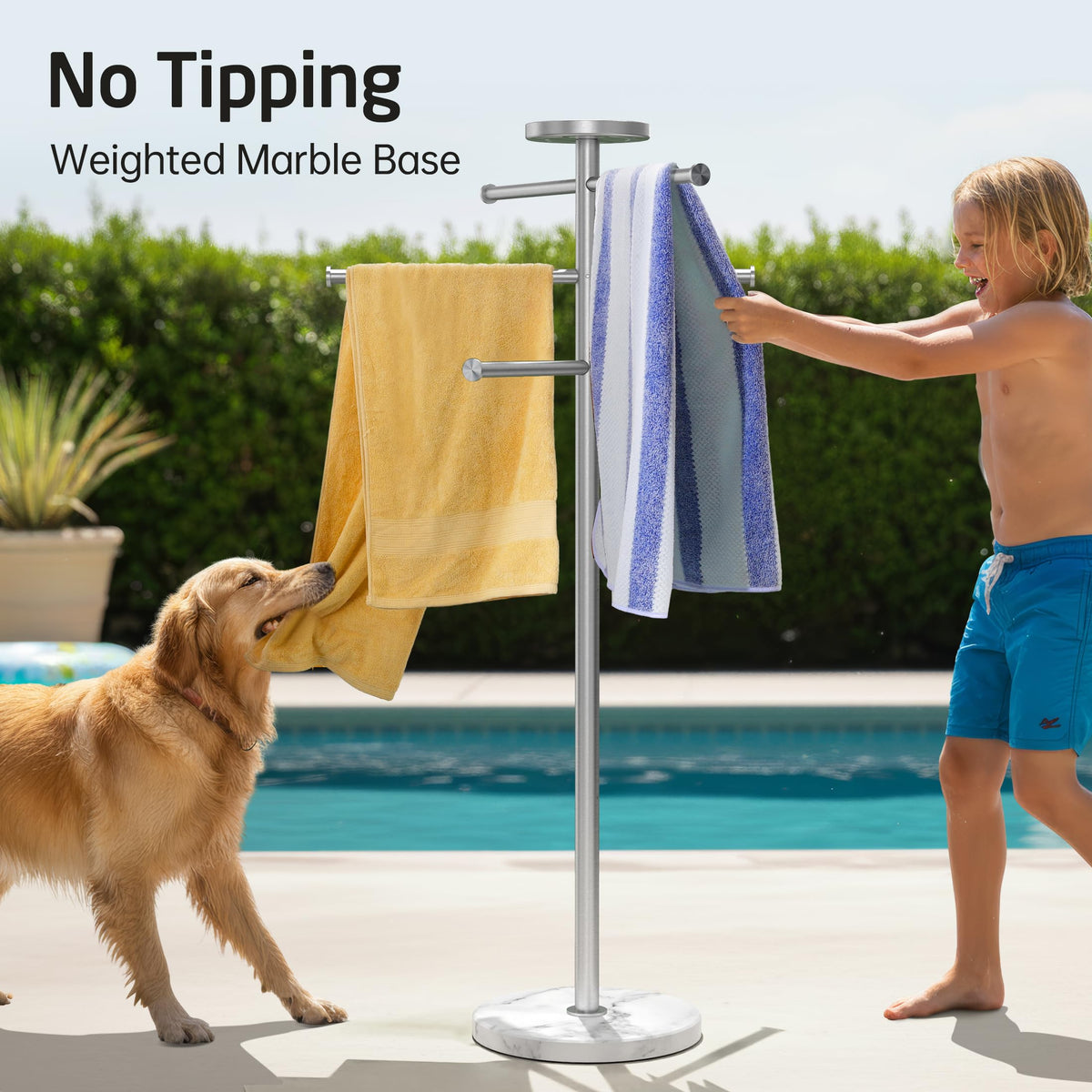 KES brushed finish outdoor towel rack enhances modern patio aesthetics.
