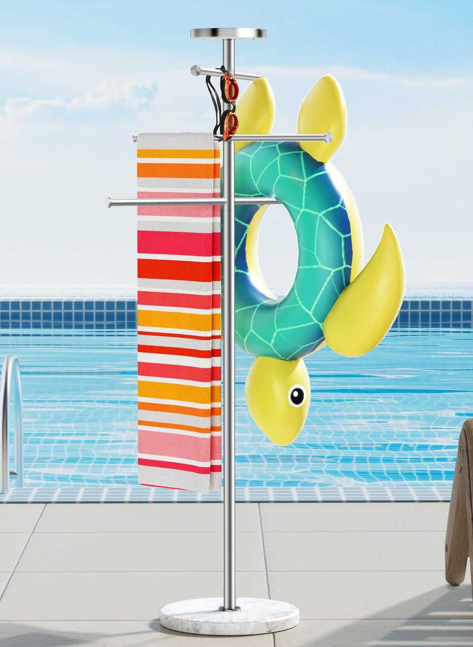 KES natural marble base for outdoor towel rack provides stable poolside storage.