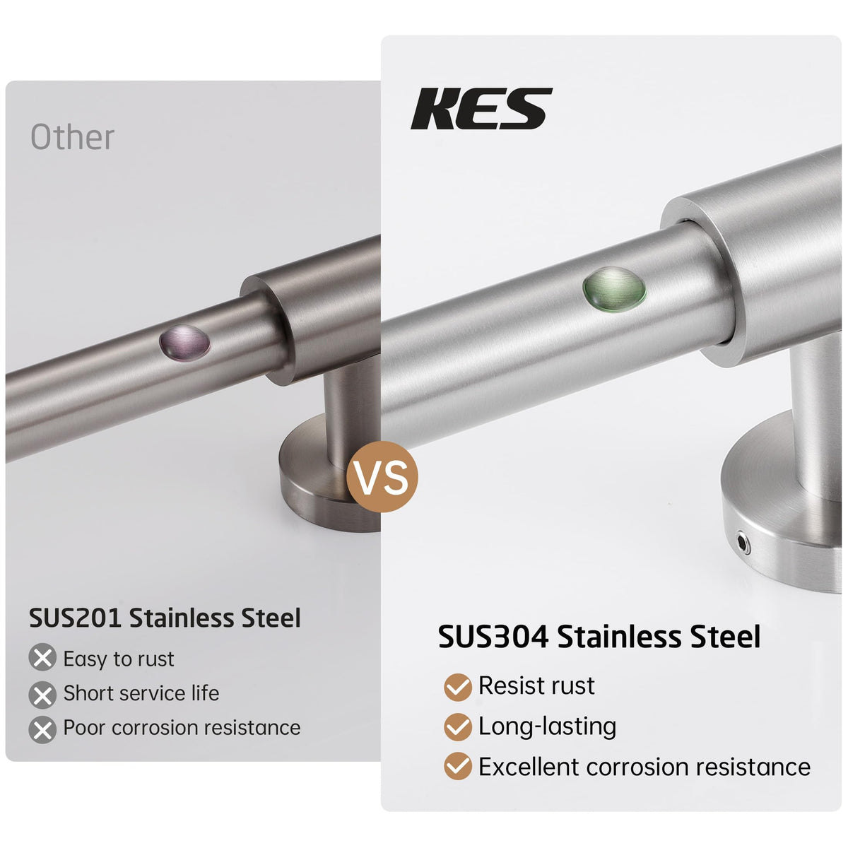 Extra-long 30.7-inch rail on the KES shower bar supports versatile handheld heights