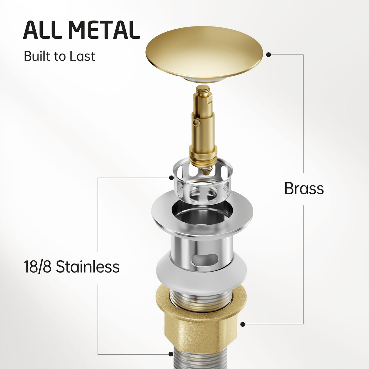 KES pop-up drain with brass bolt and stainless spring delivers reliable operation.