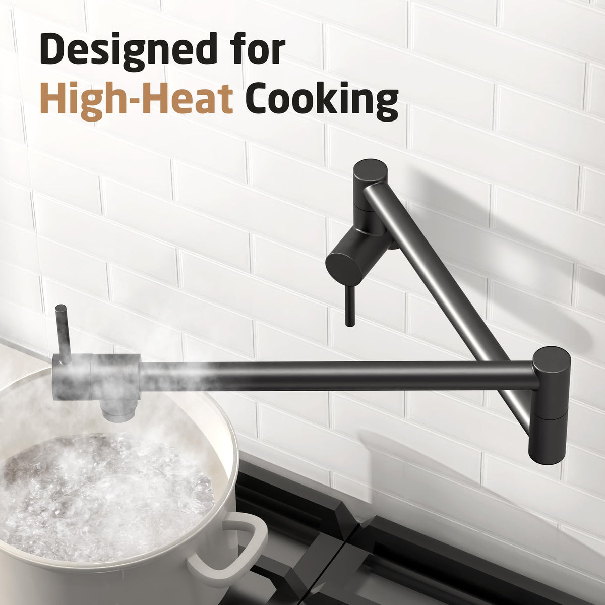 KES Pot Filler wall mount in black for a sleek kitchen profile.